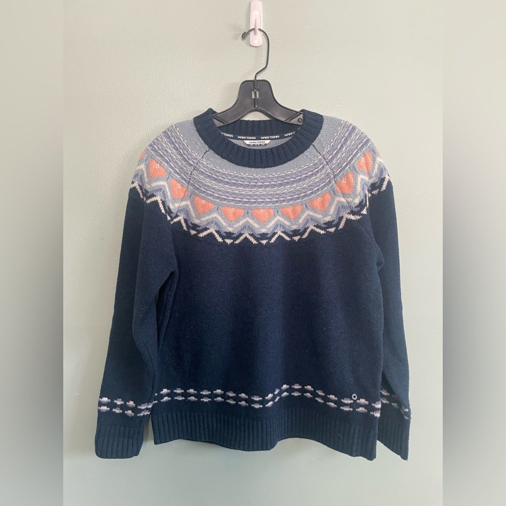 Kari Traa Navy Crewneck Sweater with Pink and Light Gray Fair Isle Yoke